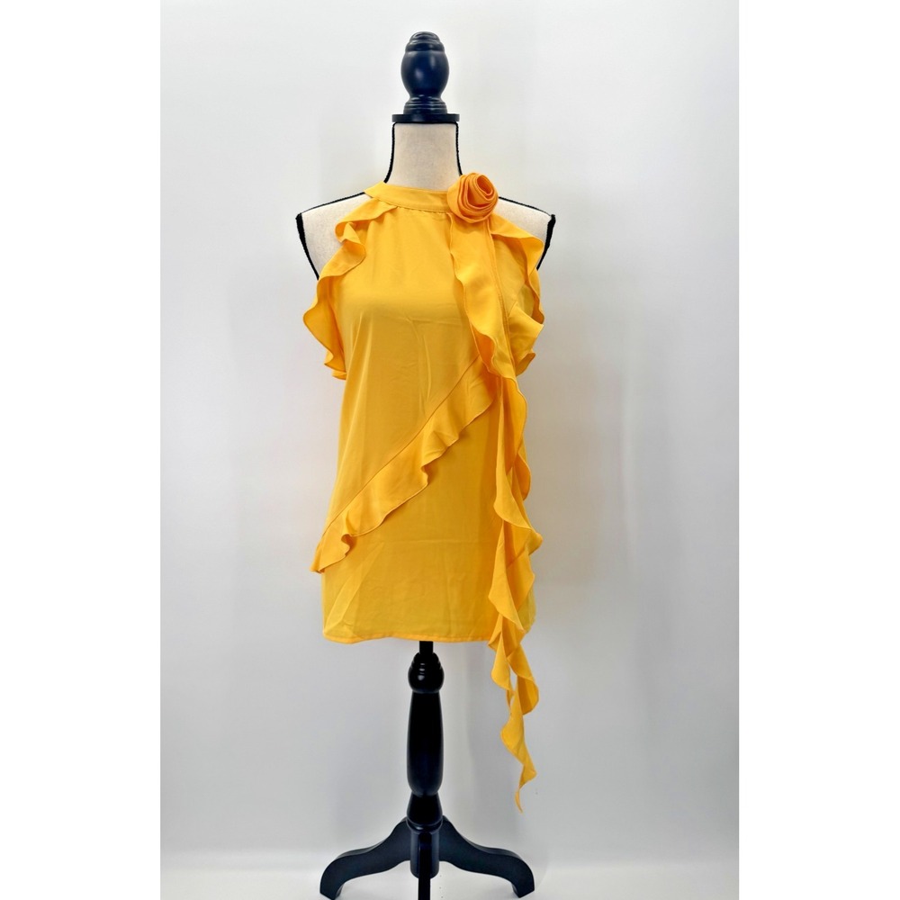 Cato Yellow Ruffled Frills Sleeveless Rosette Top XL Resortwear Tropical Boho - Picture 1 of 16